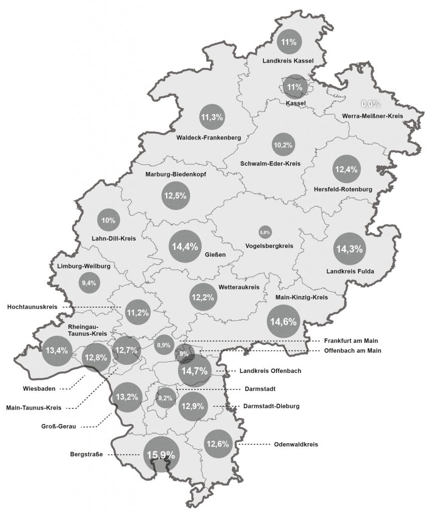 Hessen: AfD-WählerInnenstimmen in Kreisen und kreisfreien Städten 